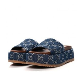 GUCCI Denim GG Monogram Angelina Platform 55mm Slide Sandals 35 Blue Tea